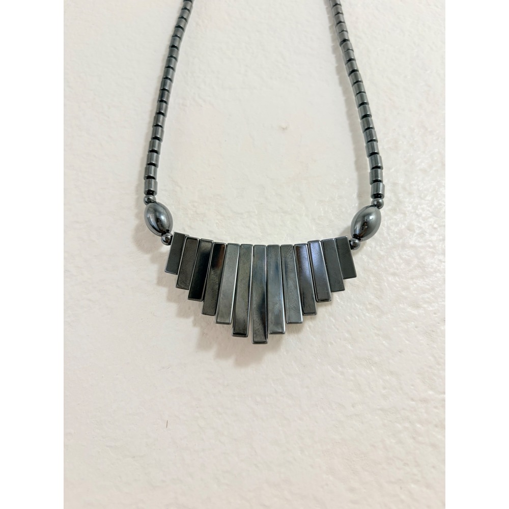 Vintage Hematite Stone Geometric Bib Necklace Gunmetal Gray Beaded Minimalist